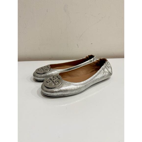 Tory Burch Metallic Leather Slip On Scrunch Ballet Flats Silver Women's Size 7 - Picture 2 of 6